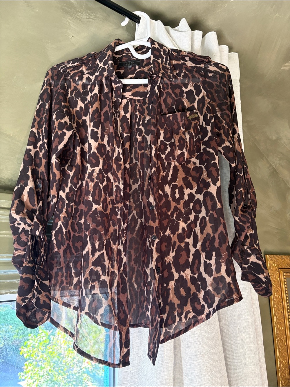 Guess Leopard Print Sheer Button-Up Blouse XS